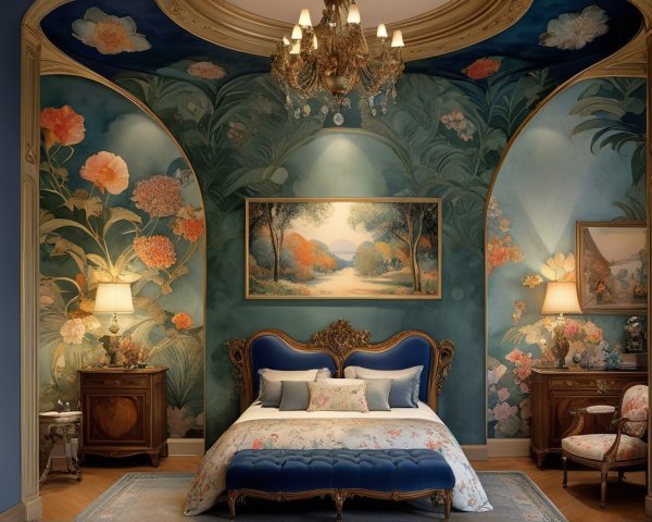 Elegant bedroom with floral mural and luxurious decor