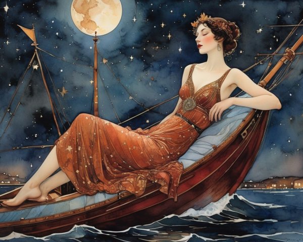 Illustrated woman in orange celestial dress under starry sky with full moon
