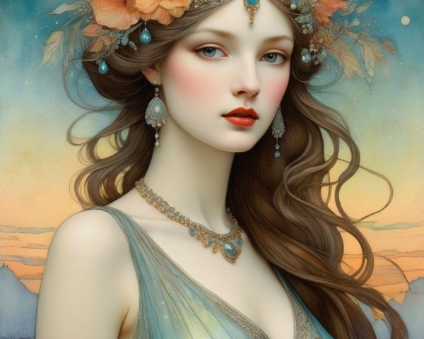 Ethereal woman with floral and jewel accessories in celestial setting