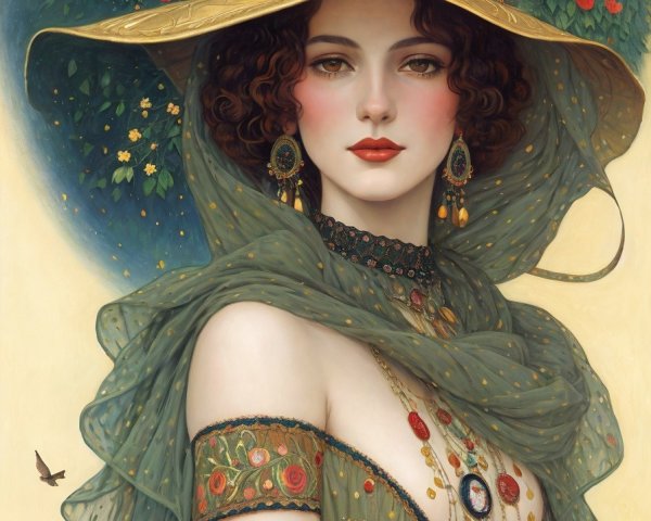 Elegant Woman in Green Gown with Floral Hat and Birds