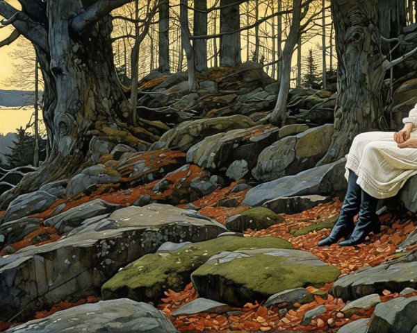 Serene Woman in White Dress Among Rocky Terrain
