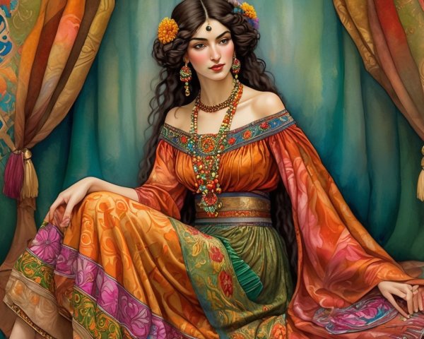 Illustration of a woman in vibrant clothing and fabrics