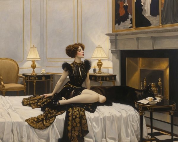 Glamorous Woman in Elegant Black Dress in Lavish Room