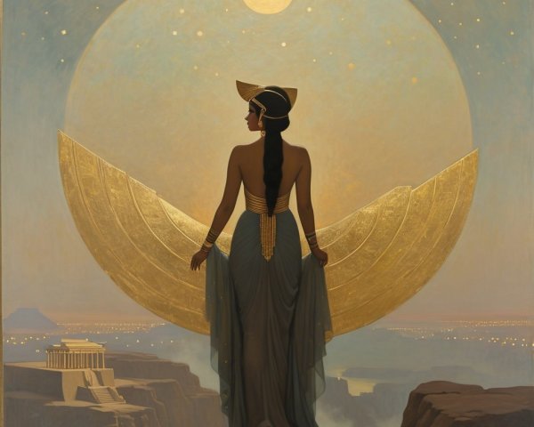 Majestic Woman Overlooking Moonlit Landscape