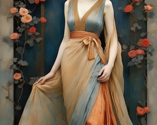 Elegant Woman in Orange and Blue Gown in Alcove