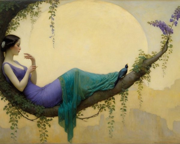 Serene figure in lavender gown on a curved branch