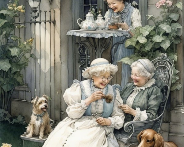 Elderly Women Enjoying Tea in a Garden Setting