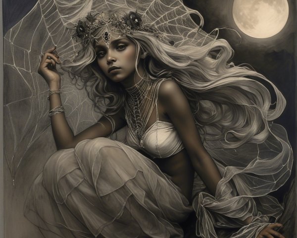 Mystical figure with silver hair under a full moon