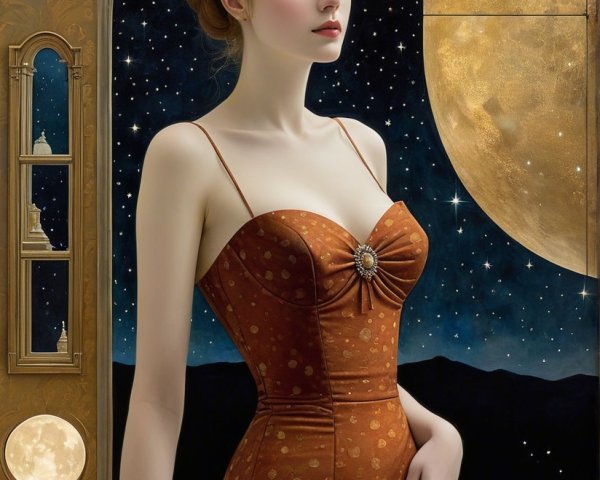Serene Woman in Rust Dress Against Starry Night Sky