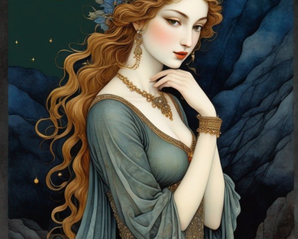 Ethereal Woman in Blue Gown with Floral Headpiece