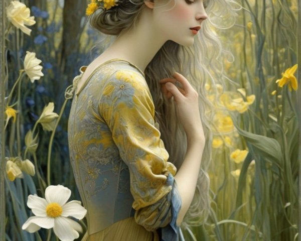 Woman in blue and yellow dress with floral garland in yellow flower field.