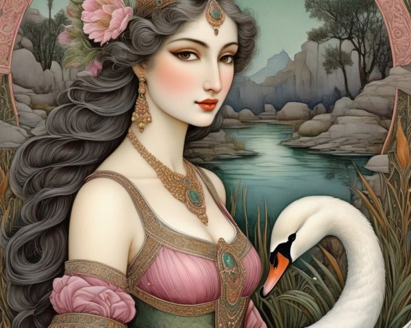 Illustration of a woman by a serene lake with a swan