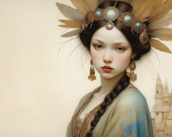 Digital artwork: Woman with decorative headdress, feathers, gems, braided hair, castle background