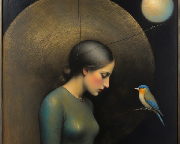 Serene Woman in Profile with Bluebird and Moonlight