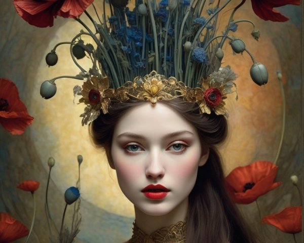 Woman adorned with floral headpiece and gold crown, among red poppies.