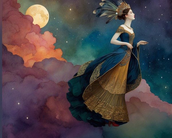 Majestic figure in colorful sky with ornate gown