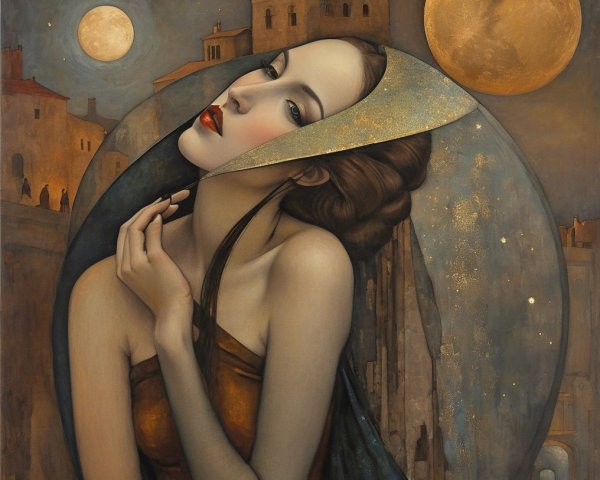 Serene Woman in Twilight with Mystical Architecture