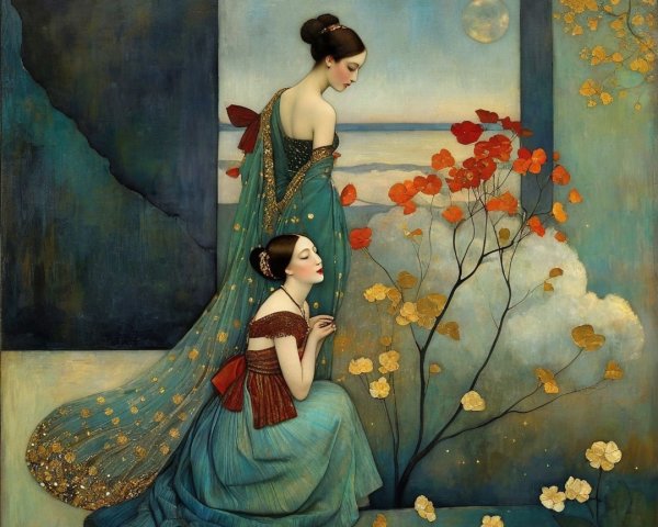 Elegant Women in Flowing Gowns in Serene Landscape