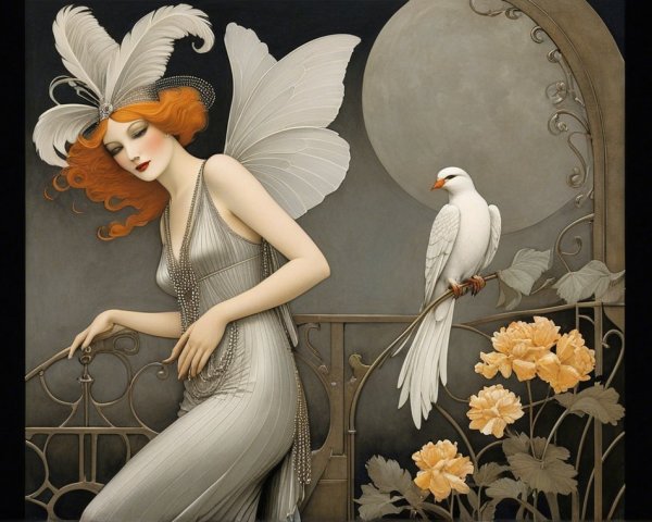 Graceful Woman with Red Hair and Butterfly Wings