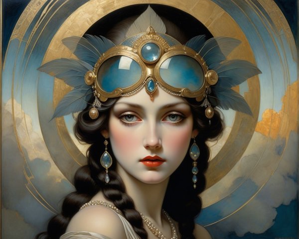 Female figure with ornate headpiece and dreamy backdrop