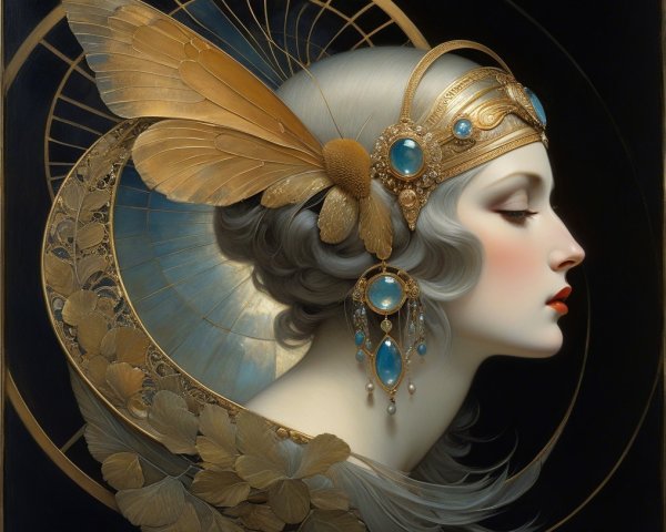 Elegant Woman in Profile with Headdress and Gemstones