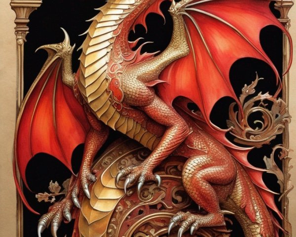 Detailed Dragon Illustration with Red and Gold Scales in Ornate Gothic Archway