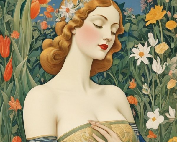 Serene Woman with Floral Crown and Butterflies