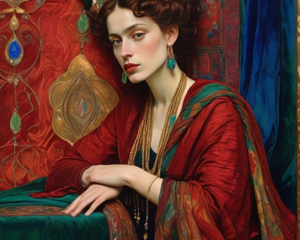 Regal woman in red dress with golden headpiece against peacock feather backdrop