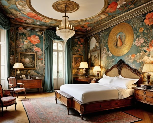 Luxurious Bedroom with Floral Wallpaper and Antique Decor