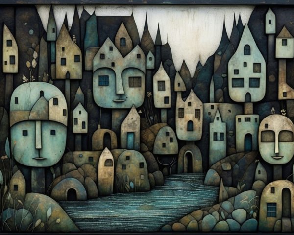 Surreal Landscape with Abstract Houses and Faces