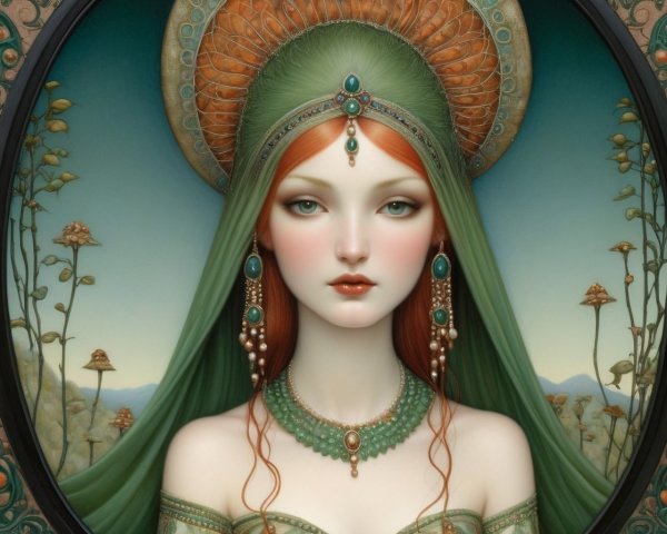 Red-haired woman in green and gold headdress illustration