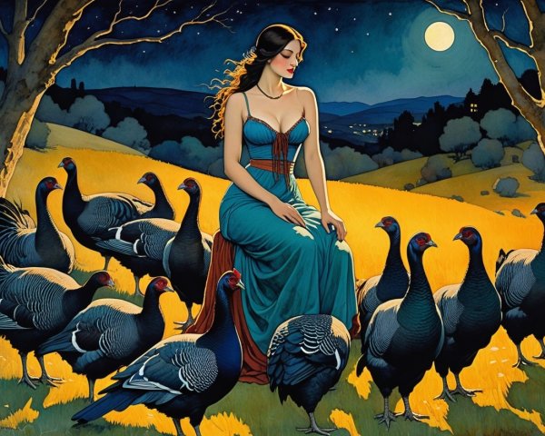 Serene Nighttime Scene with Woman and Turkeys