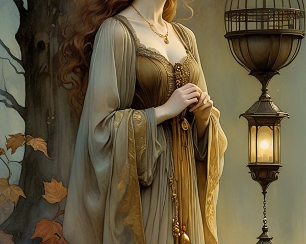 Serene Woman in Elegant Gown Surrounded by Autumn Forest