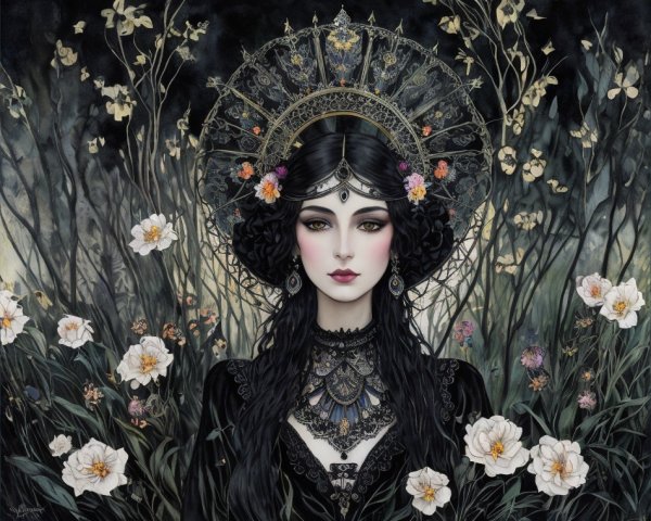 Intricate Illustration of Young Woman in Lush Setting