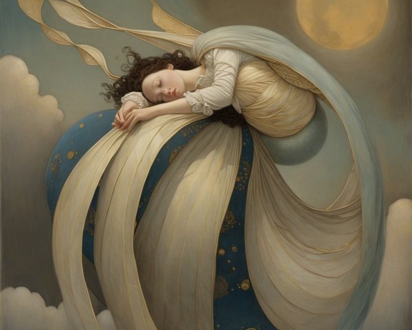 Serene Figure in Whimsical Clouds and Moonlight