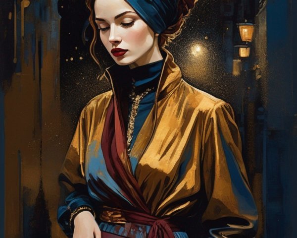 Woman in Blue Headscarf and Golden Jacket Against Urban Background
