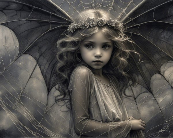 Young girl with spiderweb wings and flower crown