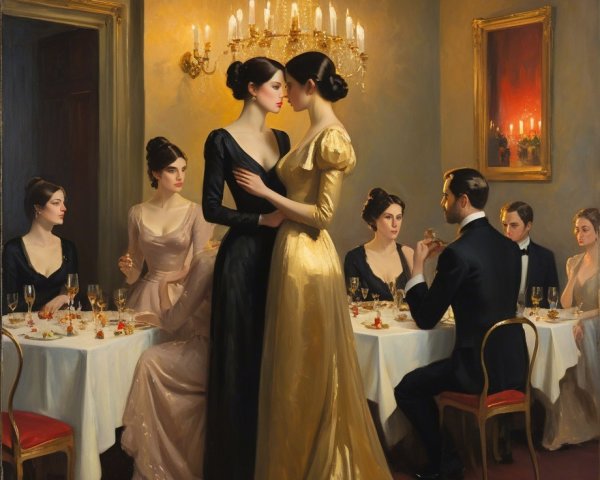 Elegant Dining Room with Women in Evening Gowns