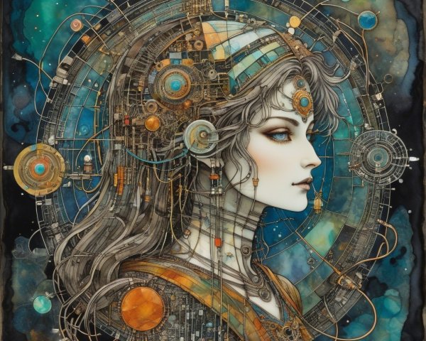 Futuristic Woman with Cosmic Elements and Patterns