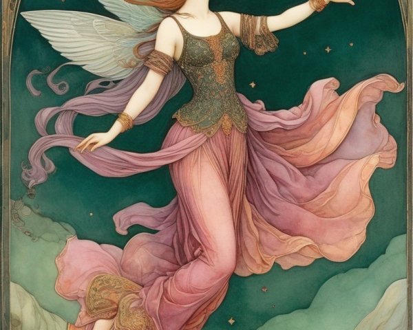 Ethereal Winged Female Figure in Floral Backdrop