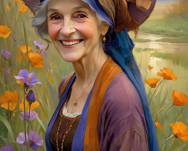 Elderly Woman in Vintage Dress Surrounded by Flowers