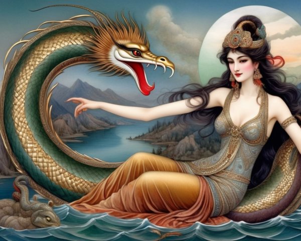 Regal Woman with Dragon and Turtle in Mystical Landscape