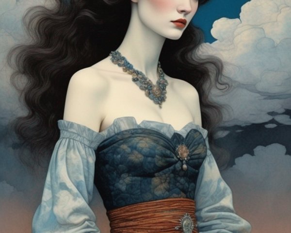 Captivating Woman in Dark Gown Against Mystical Backdrop