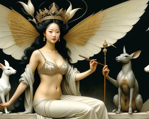 Majestic figure with crown and wings in serene setting