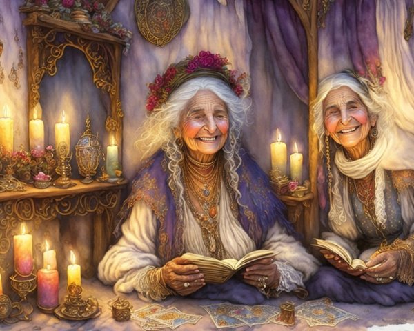 Elderly women in cozy, mystical candlelit setting