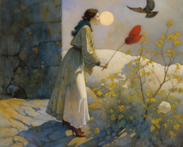 Serene Woman with Red Flower on Cobblestone Path