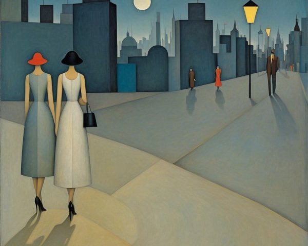 Elegant Women Walking Under Moonlit City Skyline