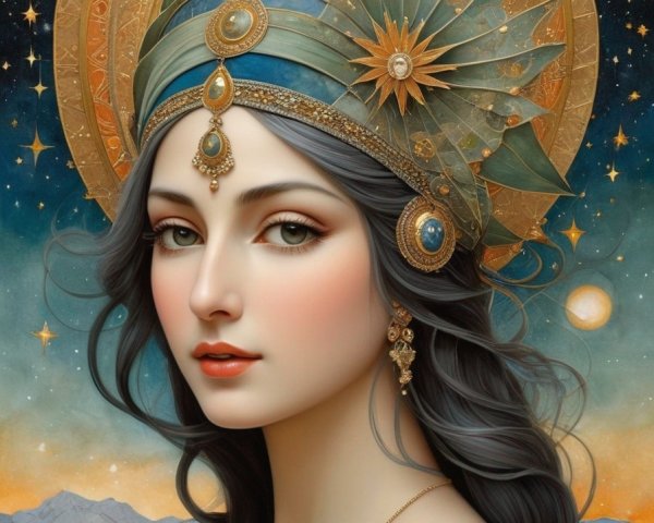 Serene Woman with Regal Headdress in Starry Sky