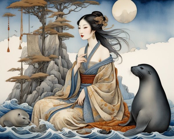 Elegant woman in traditional attire by seals and moon