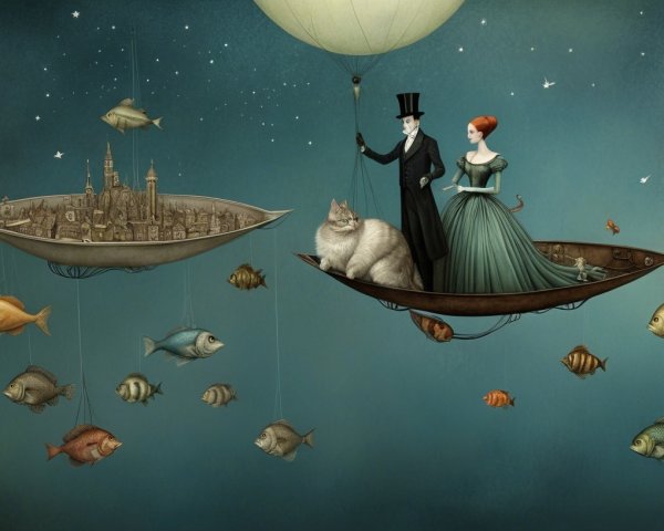 Whimsical Scene of Floating Boats and Colorful Fish